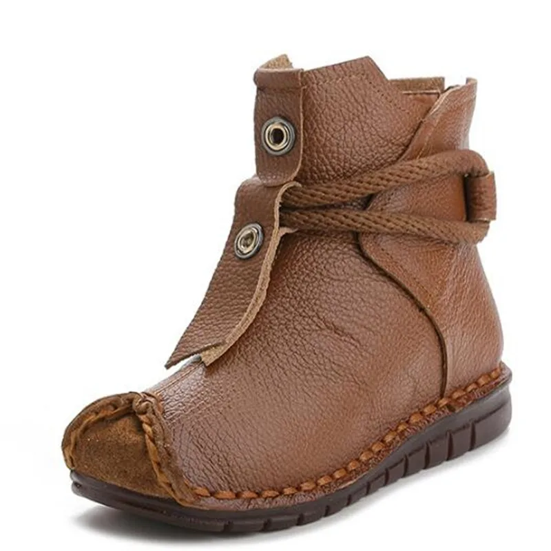 

2019 New Handmade Retro Autumn Winter Boots Women Boots Flat Heel Soft Bottom Comfortable Warm Genuine Leather Boots Snow Boots