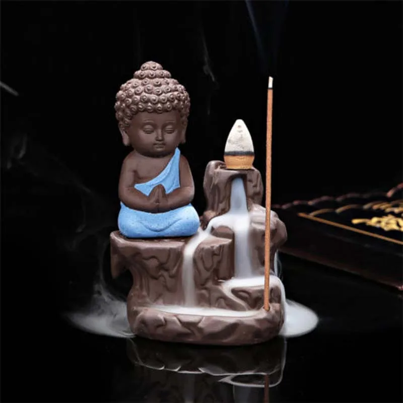 Синий маленький монах кадило в виде маленького Будды благовония конусы горелки творческий домашний декор обратного потока благовония горелки использовать в домашних условиях Teaho