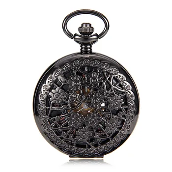

Black Steampunk Skeleton Flower Case Roman Number Dial Hand Winding Mechanical Mens Pocket Watch w/Chain Reloj de bolsillo