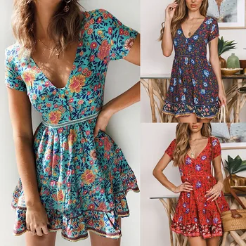 

Plus Size Slim Casual Beach Dress Women Short Sleeve Summer Dress 2019 New Fashion Floral Deep V-Neck Mini Sexy Party Vestidos