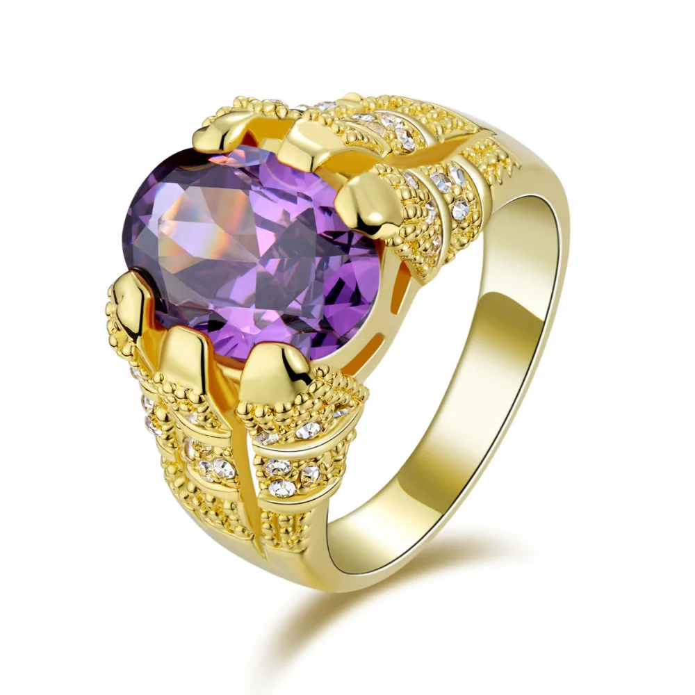 

SuoHuan Size 8-11 Solitaire Men Ring Purple Big Stone Zircon Crystal Gold Filled Male Engagement Party Rings Finger Jewelry Gift