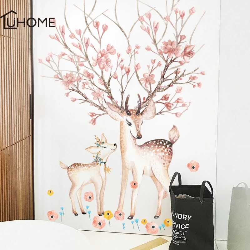 Parent Child Sika Deer Flowers Wall Sticker for Living Room Art Vinyl Wall Decals for Kids Baby Home Decor Adesivo De Parede