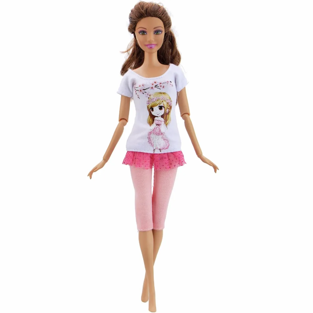 

Handmade Outfit Fashion Casual Wear Short Dress Cartoon Pattern T-shirt Trousers Clothes For Barbie Doll Accessories Baby Toy