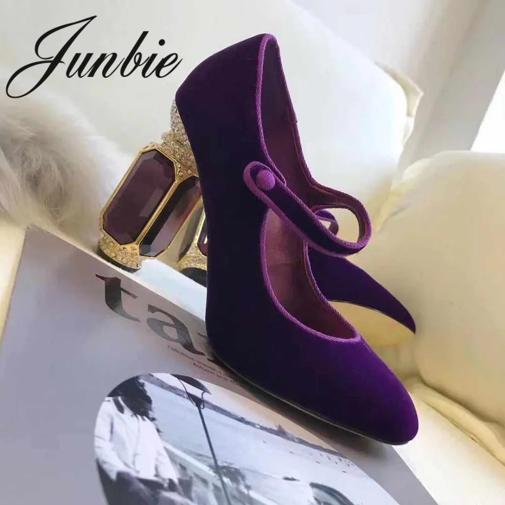 

JUNBIE Luxury Genuine Leather Crystal Beading Summer Pumps Sexy Pointed Toe Thick Heel Summer HIgh Heel Sandals Shoes Women