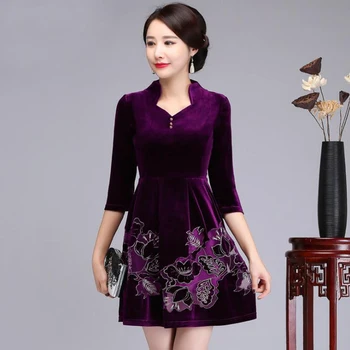 

2018 Women's Embroider Flower Vintage Dress Plus Size Noblest Lady Long Sleeve Square Collar Casual Autumn Velour Chinese Dress