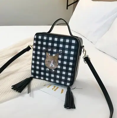 Милая модная клетчатая сумка с рисунком кота, сумка на плечо, сумка через плечо, сумка-мессенджер для женщин, сумка-тоут, женская сумка - Цвет: Черный