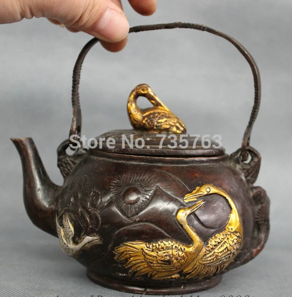 

001969 China Bronze Gilt Longevity Pine Tree Fly Crane Duck Swan Statue Wine Pot Teapot