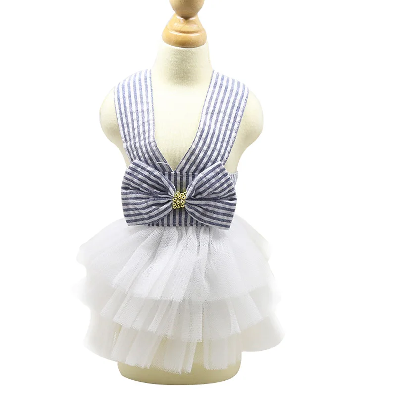 Милый лук собака платье юбка-пачка Лето Щенок одежда принцесса собака свадебное платье XS-XXL - Цвет: Blue Stripe