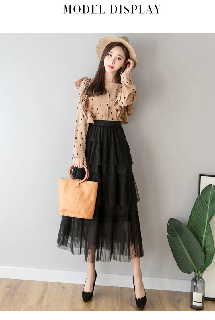 Длинные тюлевые юбки для женщин для демисезонный Boho милые дамы Эластичный Высокая талия слоистых рюшами сетчатая юбка в складку миди длина