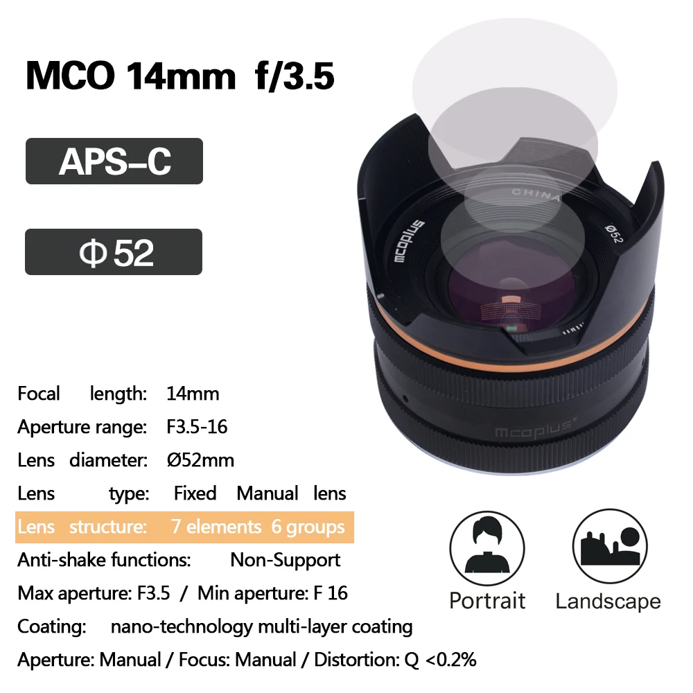 Mcoplus 14mm f/3.5 APS-C Wide Angle Manual Focus