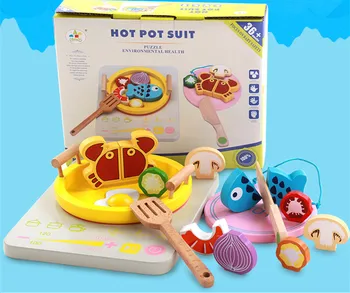 

New Arrival Simulation Vegetable/Fish Hot Pot Wooden Toys Play Kitchen Cut Food Prentend Play Food Suit Birthday Gift