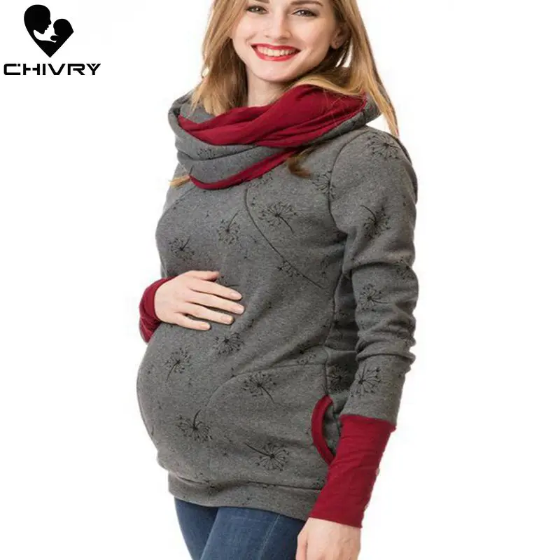  Chivry Autumn Maternity Sweatshirt Breastfeeding Clothes Hooded Pregnant Hoodies Women Nursing Tops