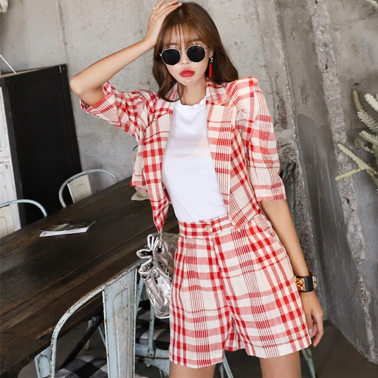 

Plaid Notched Short Blazers And Plaid Shorts Pants Womens Two Piece Sets 2019 Summer Fashion 2 Piece Women Set Clothes SL443