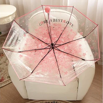 

30pcs 8K*52cm 3fold sun rain umbrellas high quality woman cherry blossom sakura flowers transparent umbrella for female