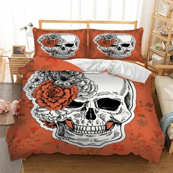 

Orange Rose skull printed boy bedding set with pillowcases Floral printed US Twin Full Queen King single size bed linens set