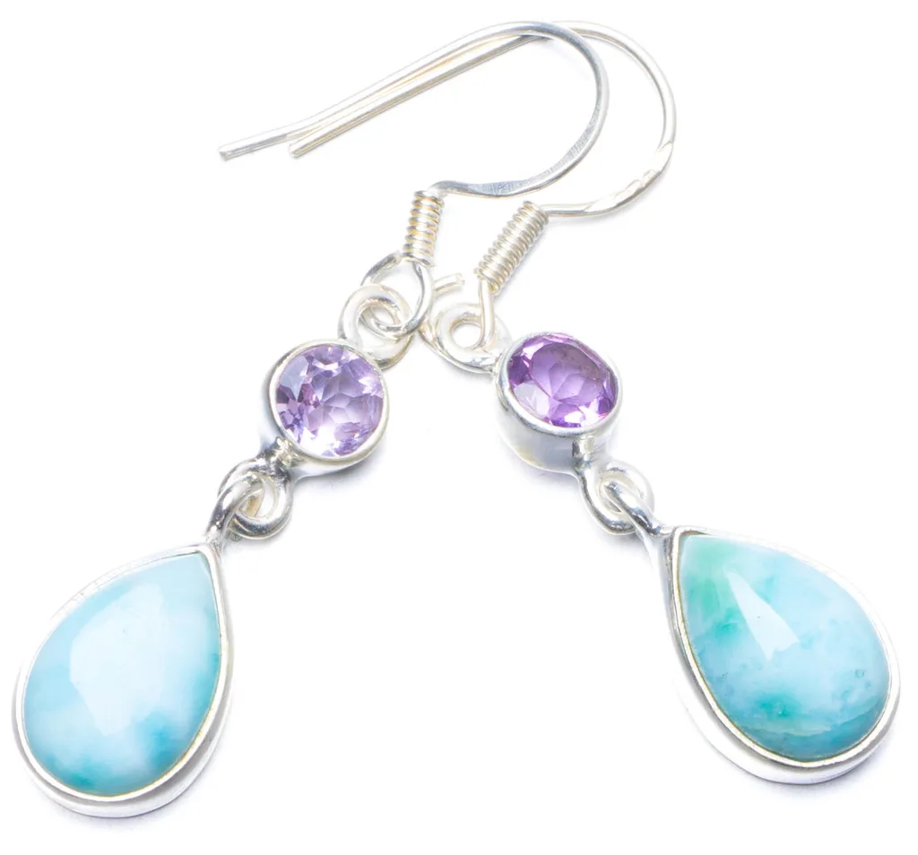 

Natural Caribbean Larimar and Amethyst Handmade Unique 925 Sterling Silver Earrings 1.5" Y0543