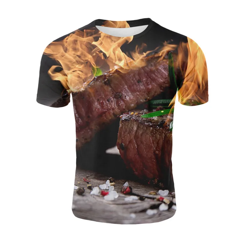

YELITE Fresh Food T Shirt Delicious Food Tshirt Burning Steak And Sausage Men Funny T-shirt Food 3d Tshirt Casual Summer Clothes