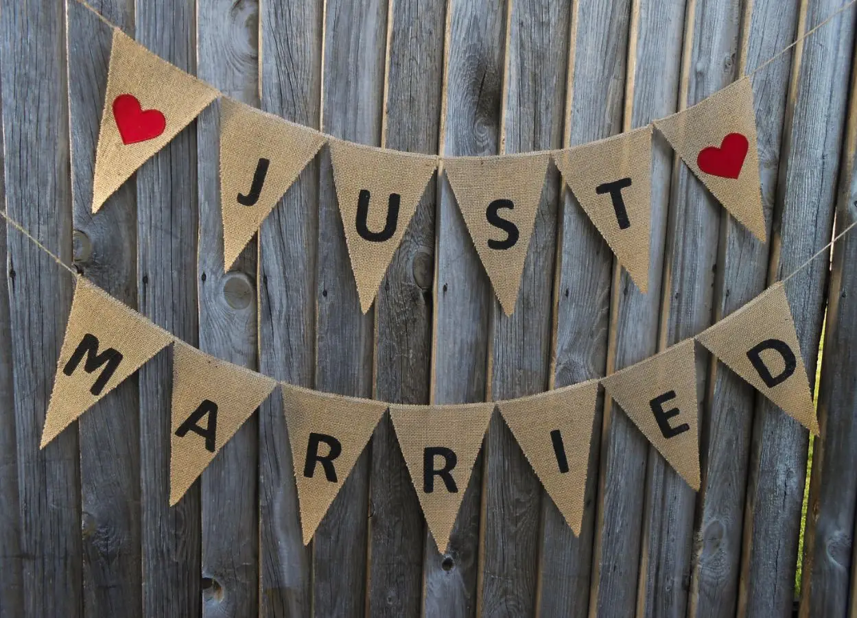 Wedding Party Arranged With Love Linen Banner Colored Just Married