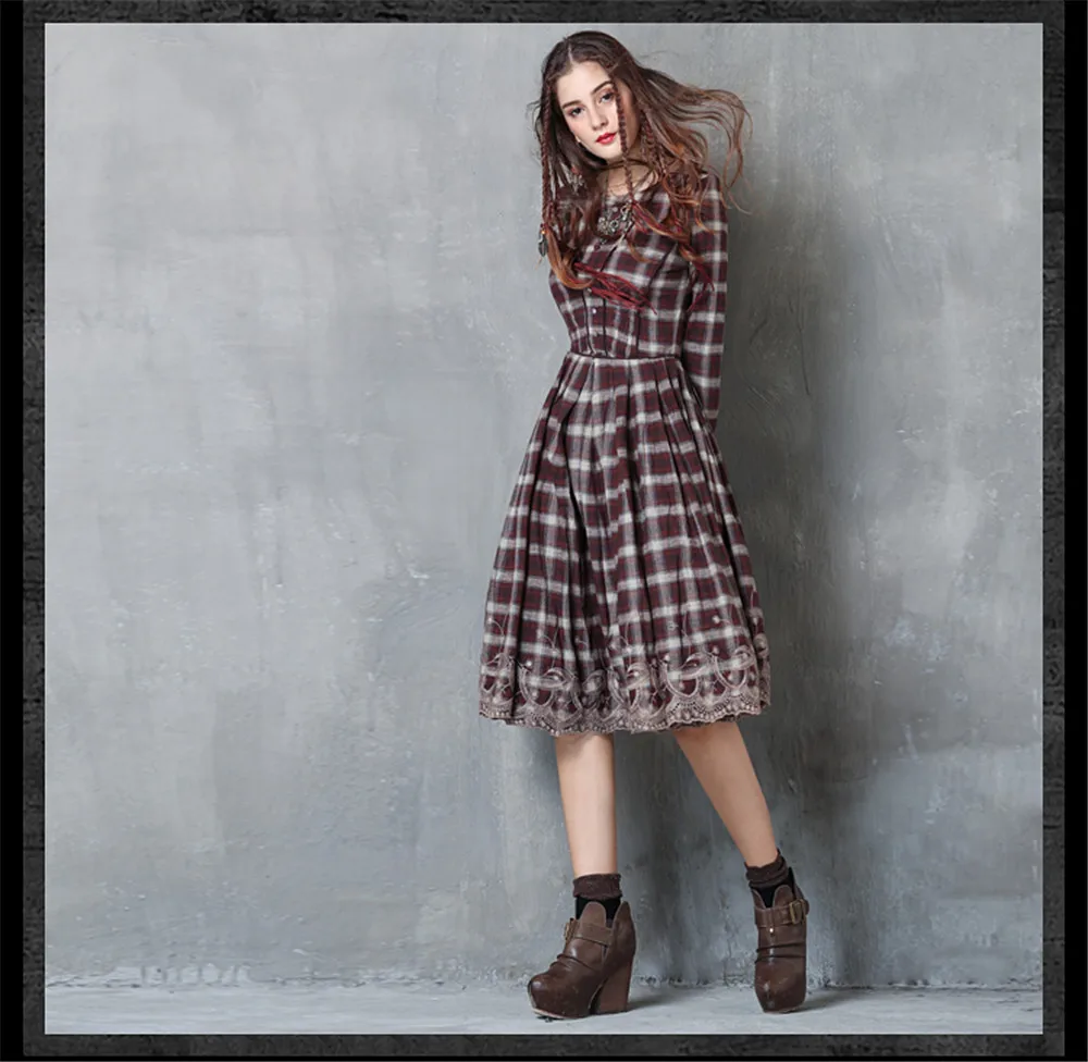Vintage Embroidery Plaid Women Dress 2017 Autumn Vestido Femininos Cotton Long Sleeve Dress Plaid Patchwork O neck Women Dresses (11)