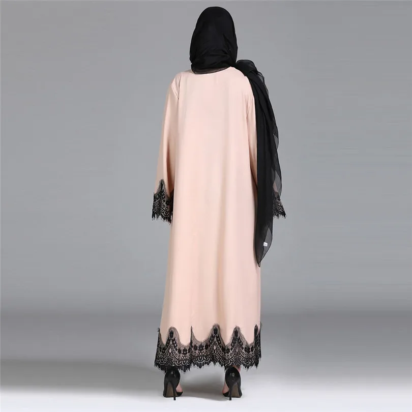 New Muslim Women Islamic Clothing Lace Splicing Long Coat Middle East Long open Abaya Robe Kaftan Dubai #4F08 (8)