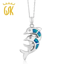 Sólida plata de ley 925 joyas creado ópalo azul doble delfín colgante de collar para las mujeres gemstoneking
