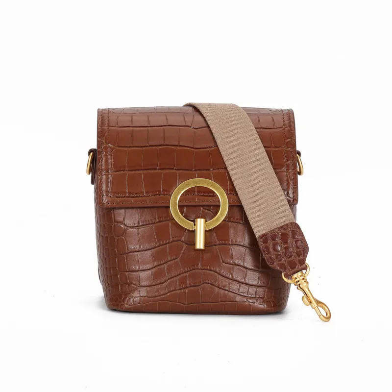 

women's bag spring summer new wide shoulder straps hand-held oblique cross cowhide bucket bag single shoulder oblique bag