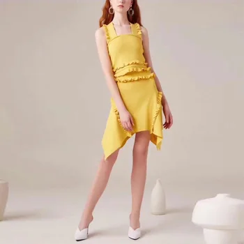 

New Arrival Fashion Hot Selling Yellow Classic Sleeveless Dress Elegant Ruffle Midi Party Dress Show Style Vestidos Wholesale