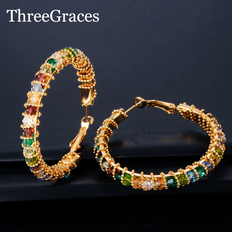 Большие серьги кольца ThreeGraces из желтого золота Разноцветные с фианитами и