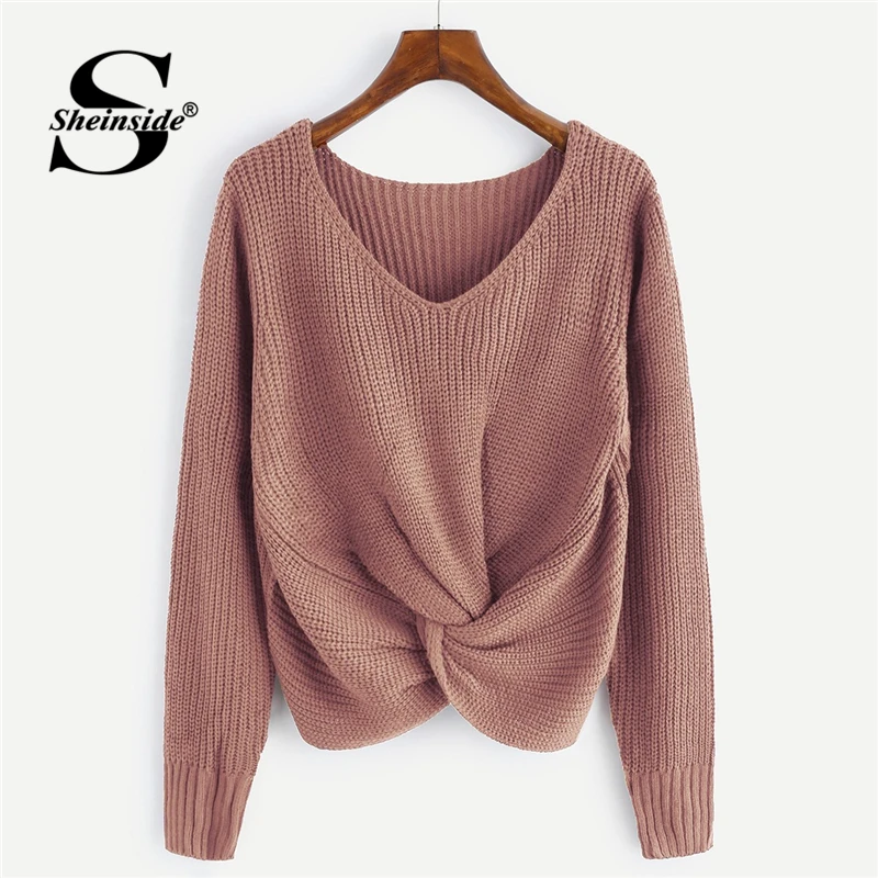 

Sheinside Pink V Neck Twist Front Chunky Sweater Casual Pullover Womens Sweaters 2018 Fall Winter Tops For Women Knitted Sweater