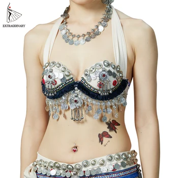 

New ATS Tribal Belly Dance Bras Performance Chain Tassels Silver Coins Tops Metallic Studs Push Gypsy Dance Top Vintage Bra