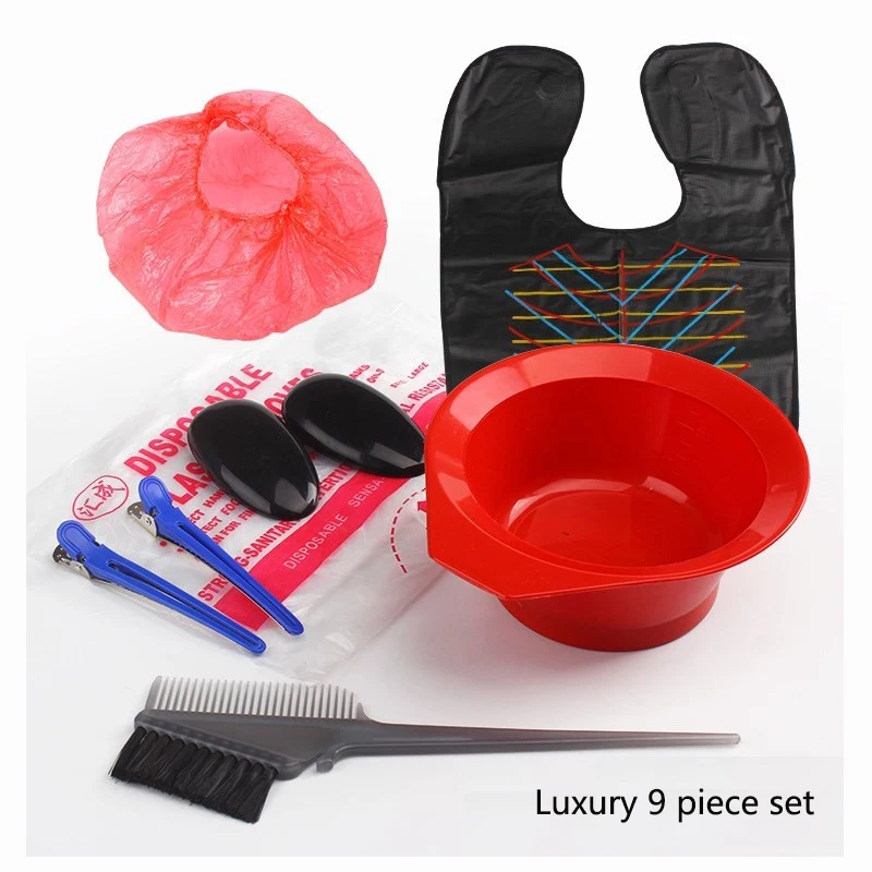 9PCS Hair Dyeing Tool Hair Coloring Kit Salon Dyeing Brush Comb Bowl Sectioning Clips Set Black Hairdressing Tool