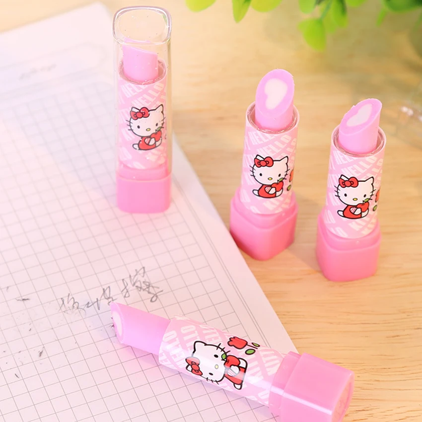 

Hello Kitty Pink Lipstick Shape Eraser with Transparent Cover Case Funnt Erasers for Pencil Writing Stationery School Supplies