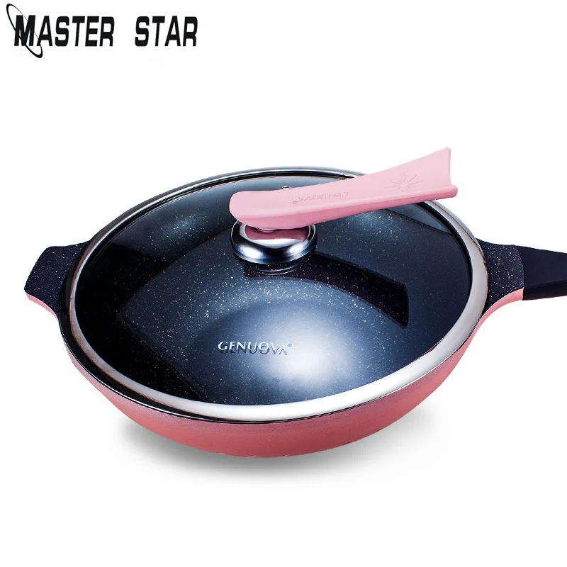 Master Star 32 см алюминиевые Woks розовые антипригарные сковороды со стеклянной крышкой для кухни без светильника, высококачественные кухонные инструменты - Цвет: Розовый