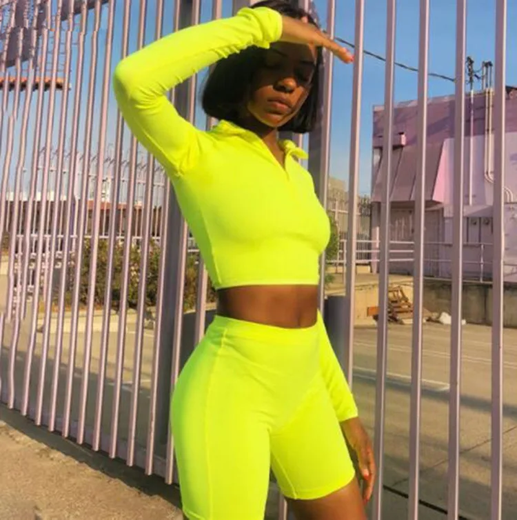 

2019 Summer Sporting Neon Two Piece Neon Green Set Outfit Club Clothes 2 Pieces Matching Women Tracksuit