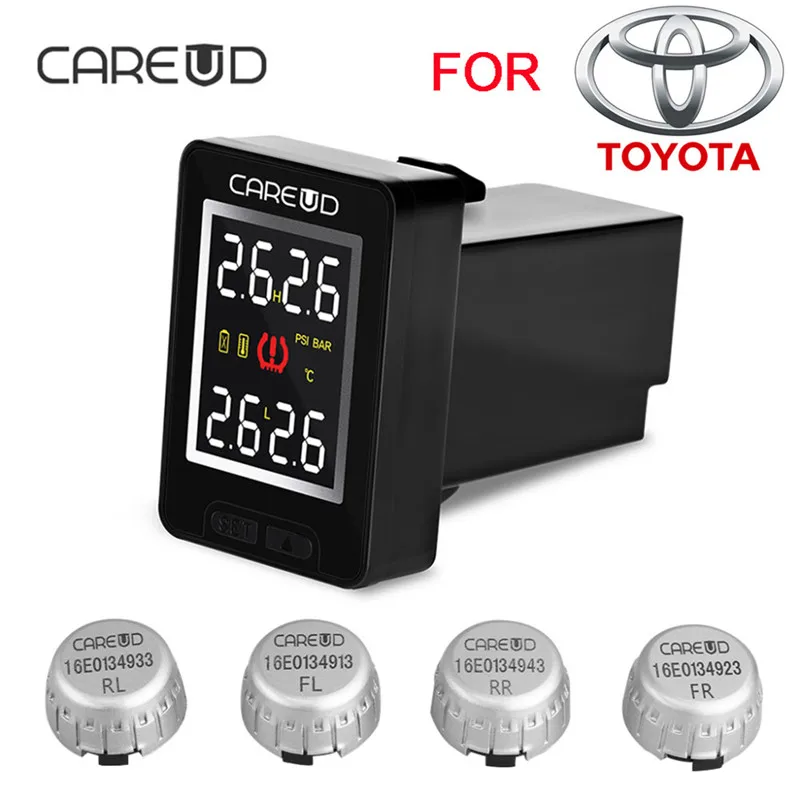 CAREUD U912 TPMS Car Tire Pressure Wireless Monitoring System 4 External Sensors and LCD Display Embedded Monitor for Toyota