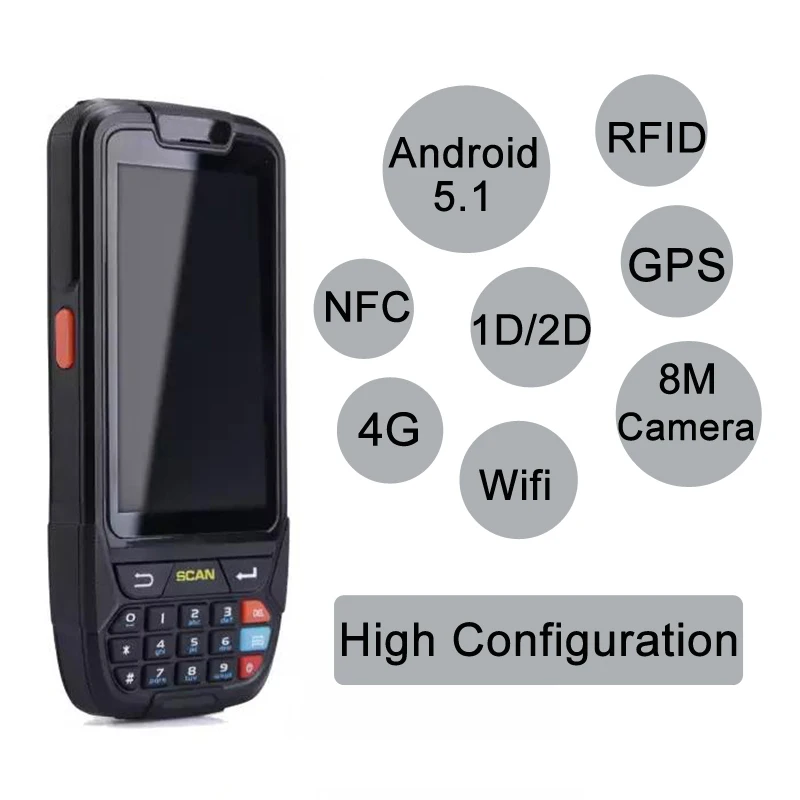 

Android 7.0 Handheld pos terminal with NFC UHF RFID reader memory 4 inch large screen Data Terminal 1D,2D Laser Barcode Scanner