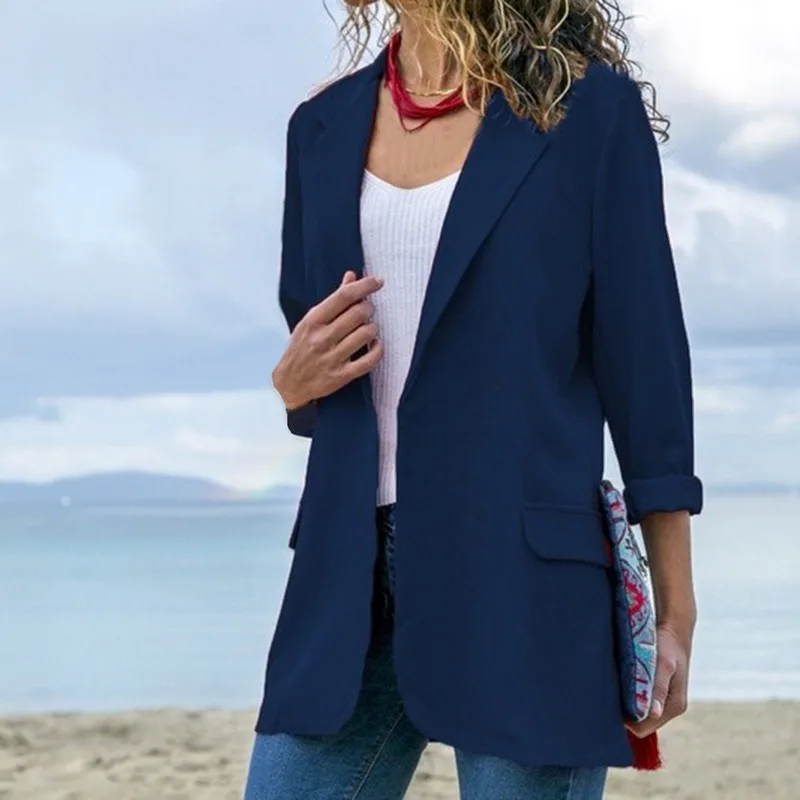 Women Fashion Sping Autumn Long Sleeve Cardigan Blazers Outwear 2019 New Ladies Solid Color Open Front Slim Fit Lapels Coats