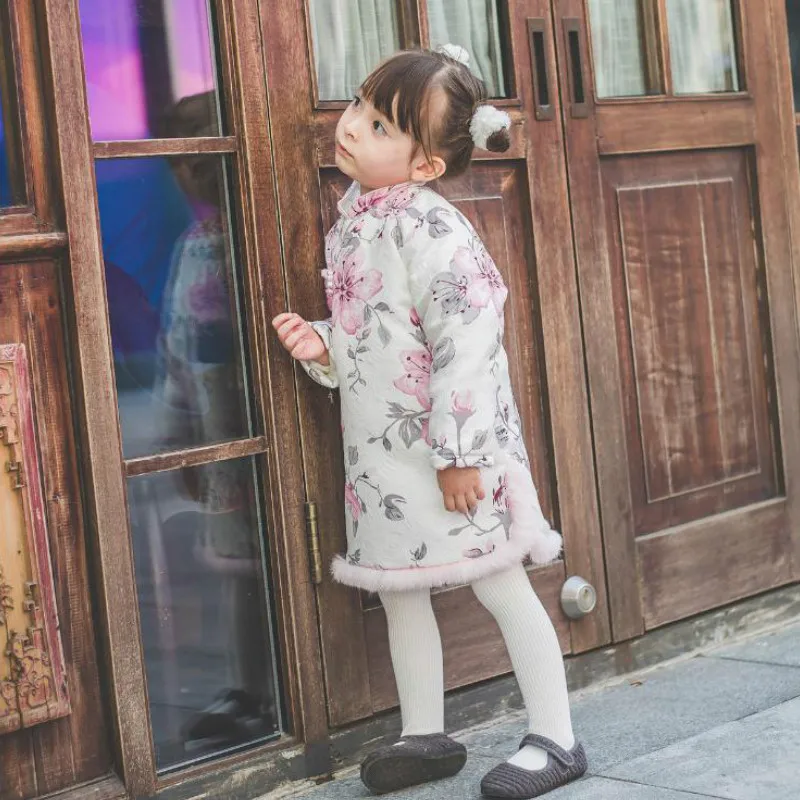 

Chinese Children's Clothing Girls Cheongsam Baby Tang Suit New Year Retro Chinese Style Cotton Satin Print Padded Dress