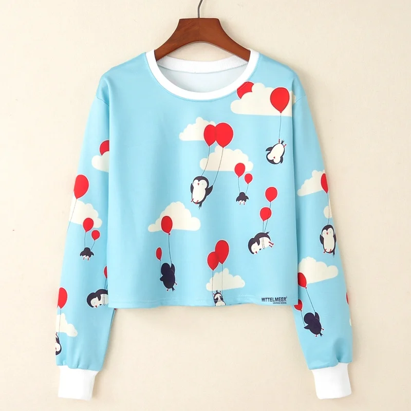 KaiTingu Women Casual Pullover Harajuku Fashion Crop Tops Long Sleeve Ladies Penguin Balloon Short Cropped Sweatshirt