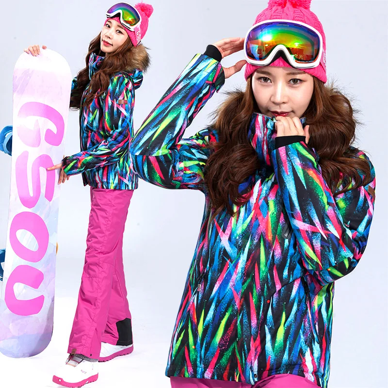 Высококачественный Женский лыжный костюм, цветная полосатая лыжная куртка и штаны, Женский комплект для сноуборда, пальто и брюки