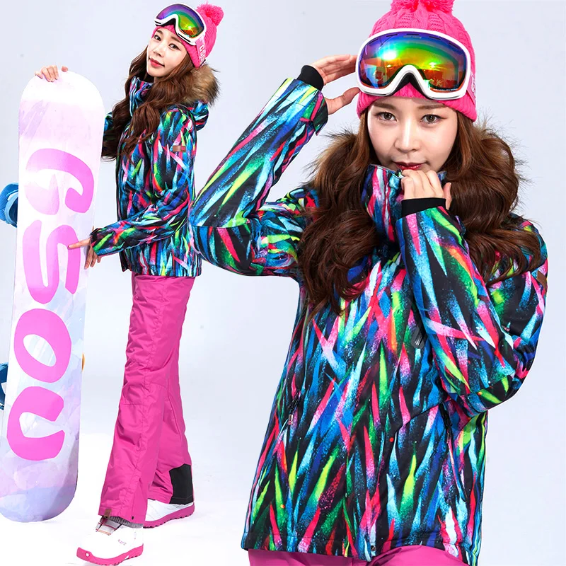 

2018 High Quality Women's Ski Suit Color Stripped Ski Jacket and Pant Outdoor Female Snowboard Set Snowboard Coat and Trousers