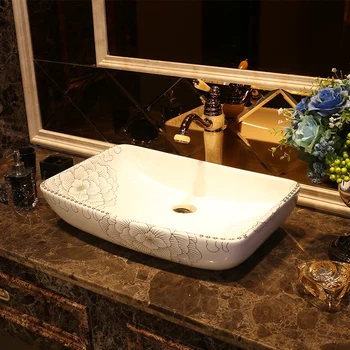 

Rectangular Jingdezhen factory directly ceramic hand painted table top wash basin porcelain bathroom sinks white peony pattern