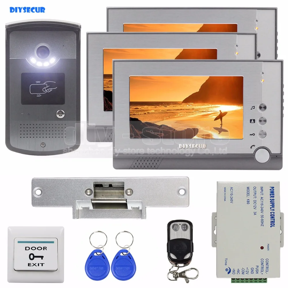 

DIYSECUR Strike Lock Video Door Phone Doorbell Video Intercom Remote Control RFID Metal Outdoor Camera 1 Camera 3 Monitors