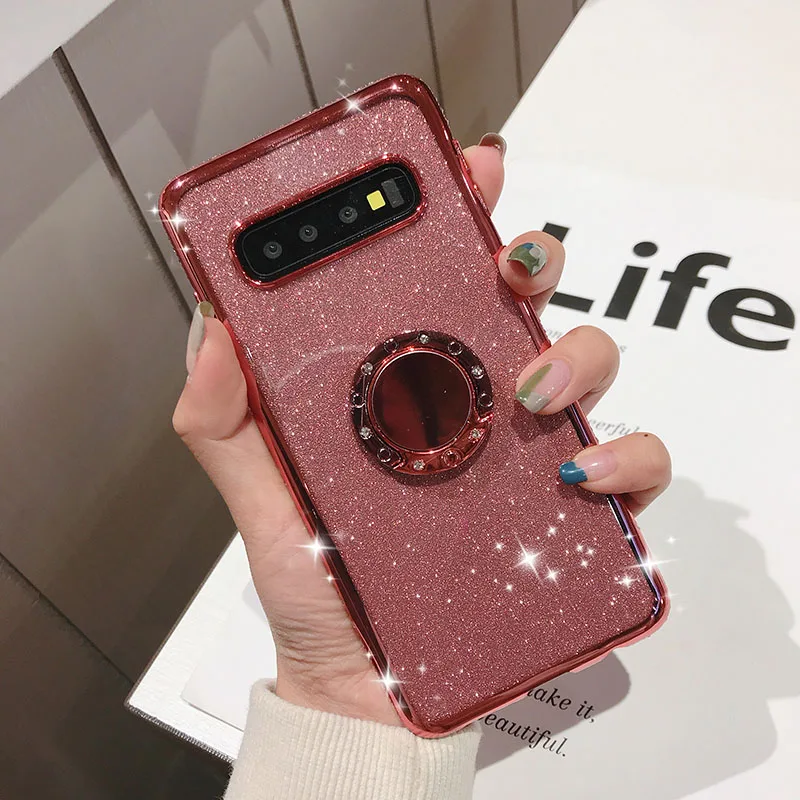Rhinestone Diamond Bling Soft TPU Case Cover sFor Samsung S10e S10+ Note 9 A6 A8 A7 2018 A750 Slim Phone Capa With Rotating Ring (9)