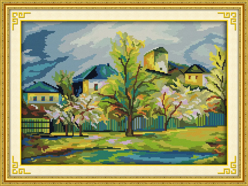 

Beautiful village Printed Canvas DMC Counted Cross Stitch Kits printed Cross-stitch set Embroidery Needlework