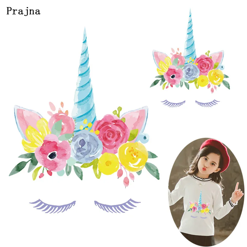 

Prajna Unicorn Flowers Cute Heat Transfer Cartoon Iron On Eyelash Transfer for Clothing Kids Beauty DIY Washable Decoration H
