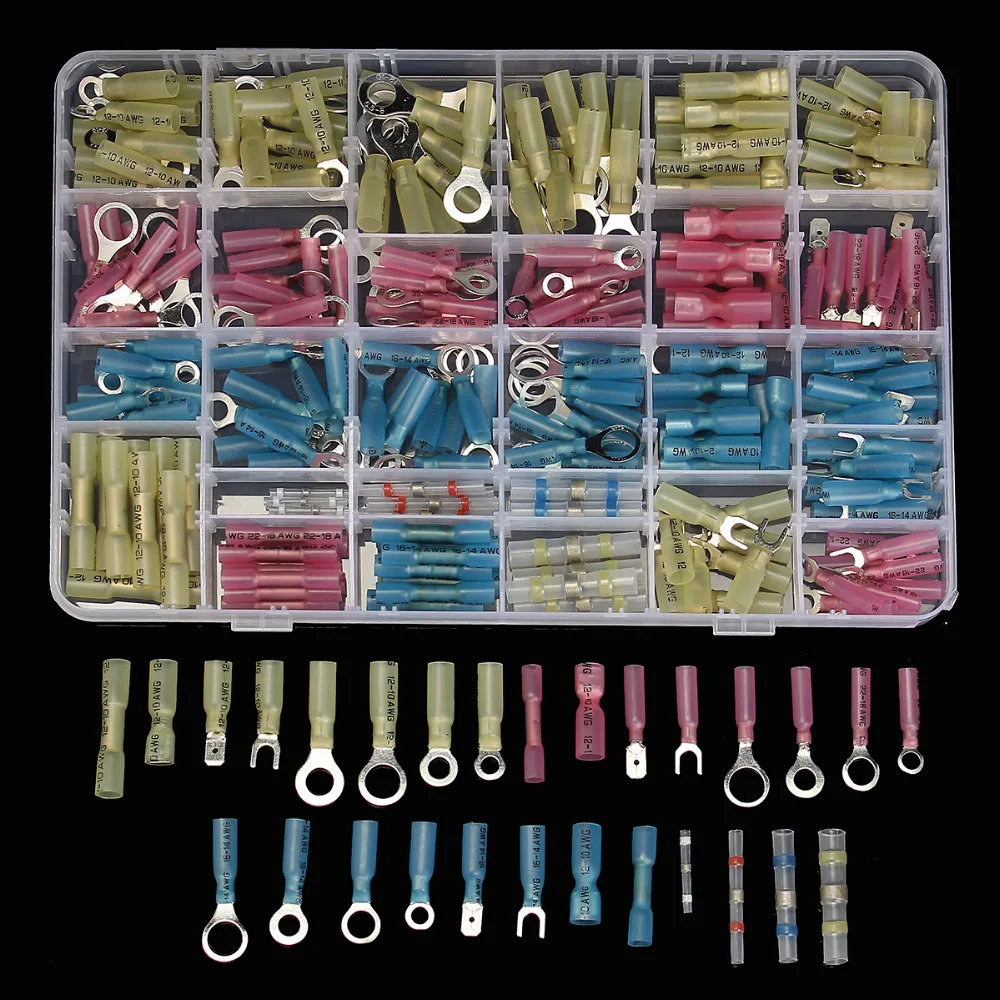 260pcs Assorted Heat Shrink Tube Terminal Assorted Wire Connectors Butt Marine Ring Fork Spade