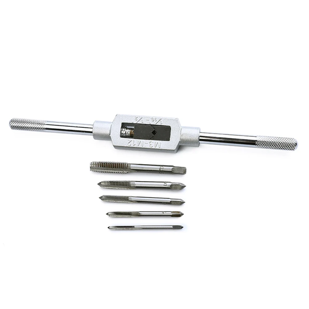 5 Pcs Durable Professional Premium M3-M8 Tap Set Hand Screw Thread Metric Plug Tap Set Wrench Tool Suite Tap Wrench Set