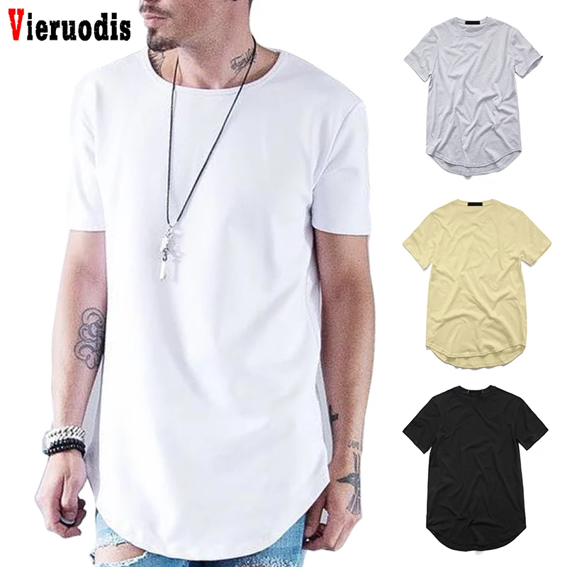 

Mens Long line T-shirt Casual Summer Hip Hop T shirt Extended Street Tee Shirts for Men Loose fit tshirt Solid Color Curve Hem