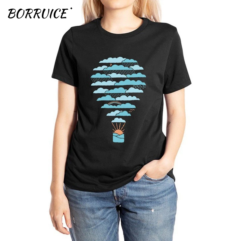 

BORRUICE Women Clothes 2019 Cartoon Graphic O Neck Tees Summer Slim Fit Print 100% Cotton Tops T Shirt Ladies Casual Tshirt